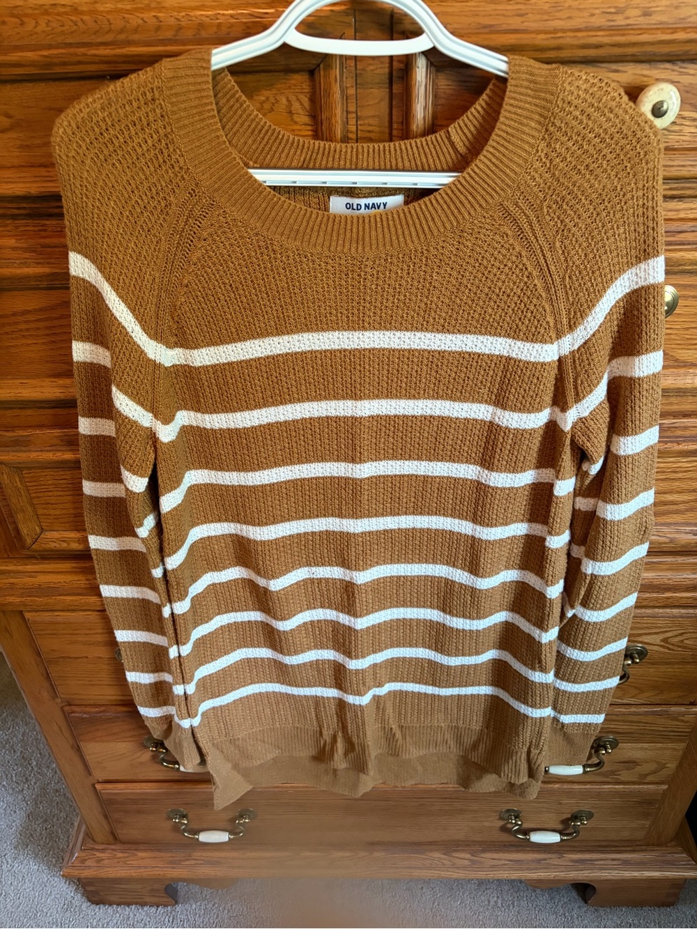 Old Navy Camel & White Striped Crewneck Sweater